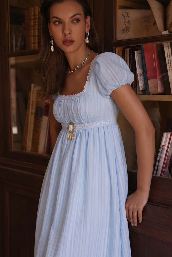 Bridgerton Inspired Regency Era Blue Cotton Dress With Brooch- Regency Ball Gown - Plus Size