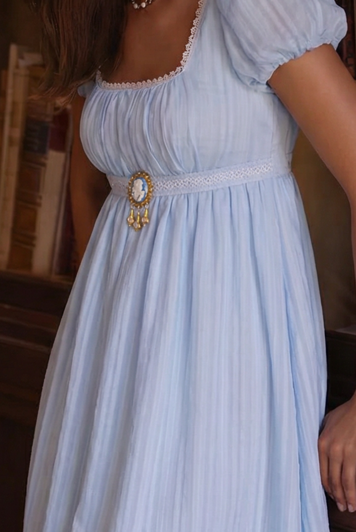 Bridgerton Inspired Regency Era Blue Cotton Dress With Brooch- Regency Ball Gown - Plus Size