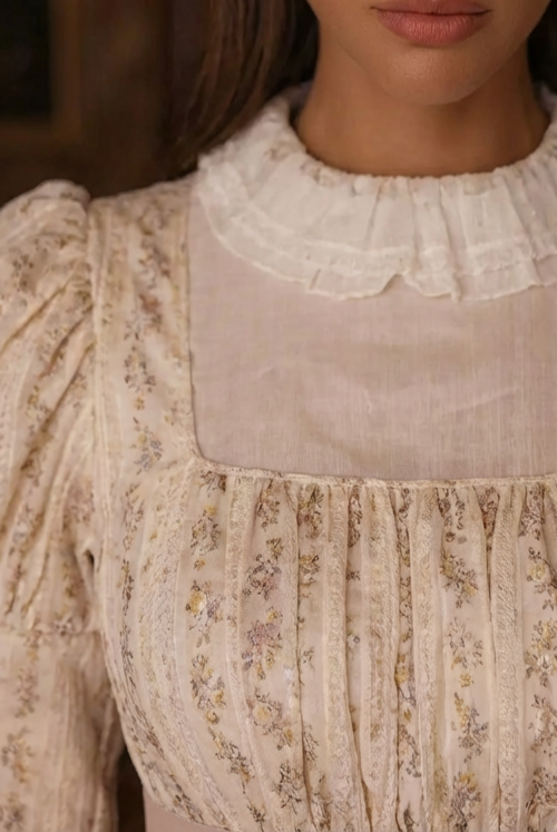 Bridgerton Inspired Regency Era High-necked Beige Striped Dress  - Regency Era Ball Gown Plus Size