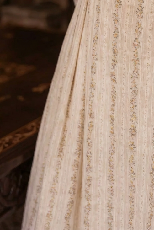 Bridgerton Inspired Regency Era High-necked Beige Striped Dress  - Regency Era Ball Gown Plus Size