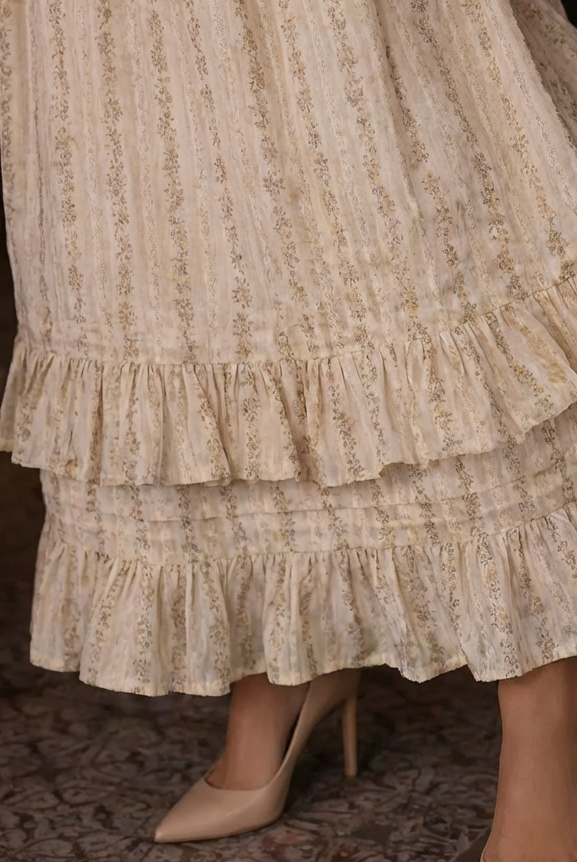 Bridgerton Inspired Regency Era High-necked Beige Striped Dress  - Regency Era Ball Gown Plus Size