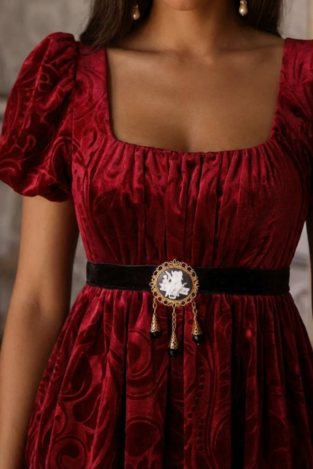 Bridgerton Inspired Regency Era Ruby Red Velvet Jacquard Ball Gown