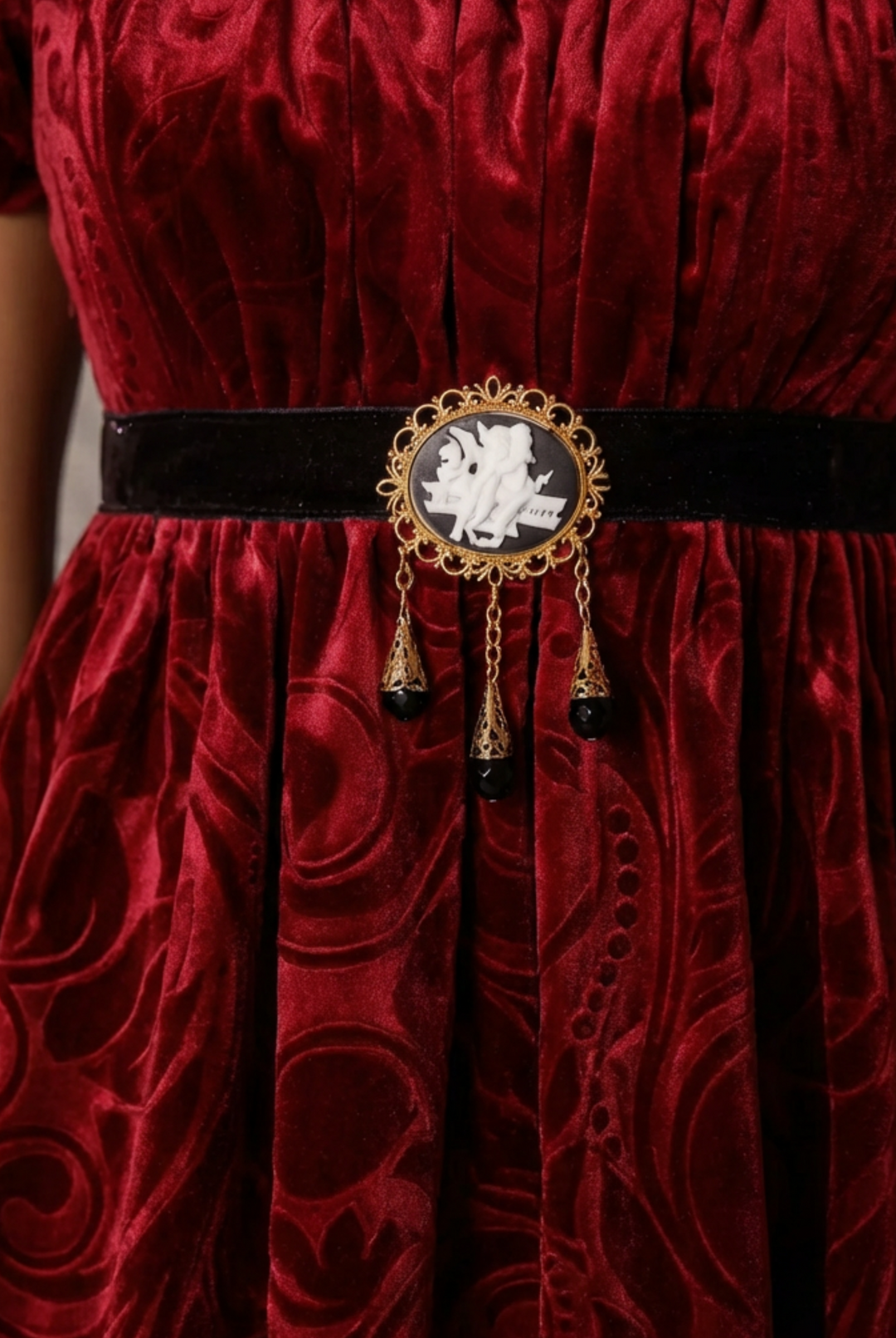 Bridgerton Inspired Regency Era Ruby Red Velvet Jacquard Ball Gown - Regency Era Dress Plus Size