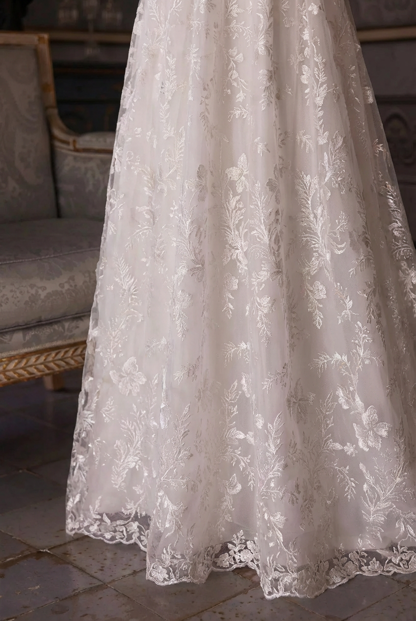 Bridgerton Daphne White Regency Era Dress with Floral Embroidered Train - Custom Regency Gown with Puff Sleeves Plus Size