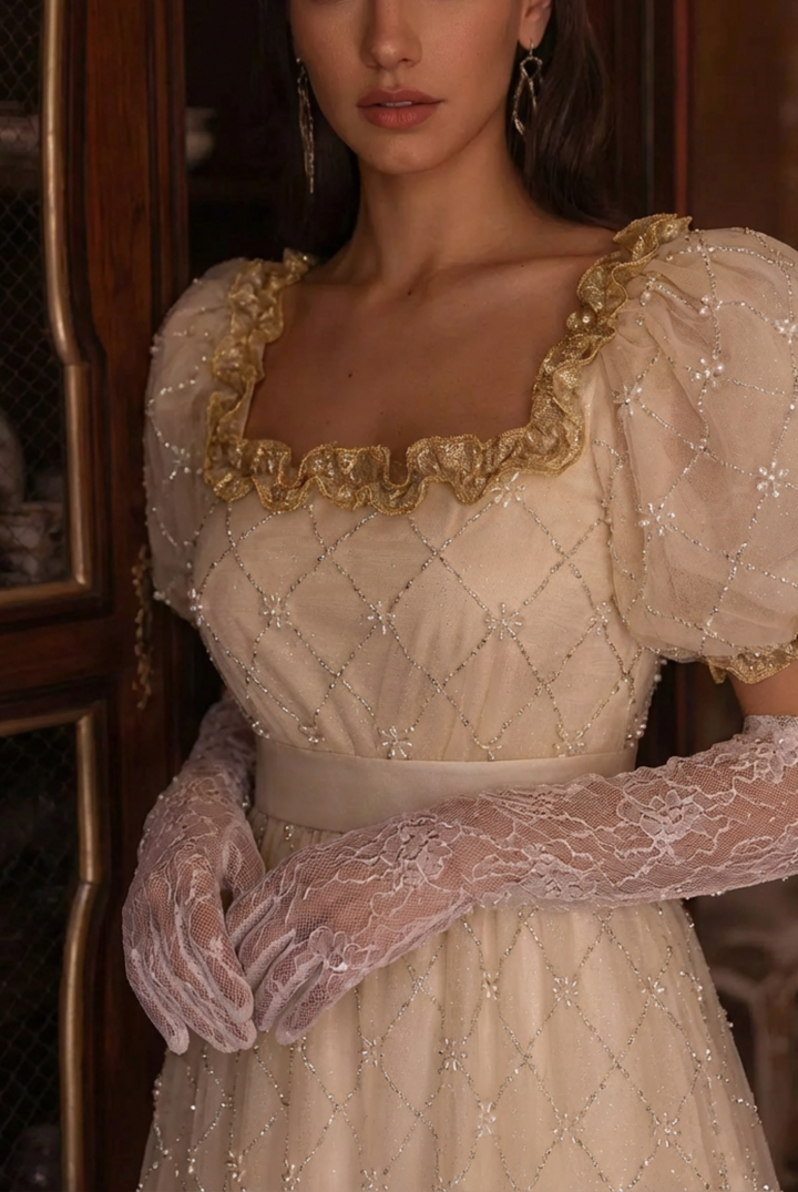 Romantic Beige Organza Regency Ball Gown - Bridgerton Gold Regency Dress Wedding - Vintage Museum Historical Gown Plus Size