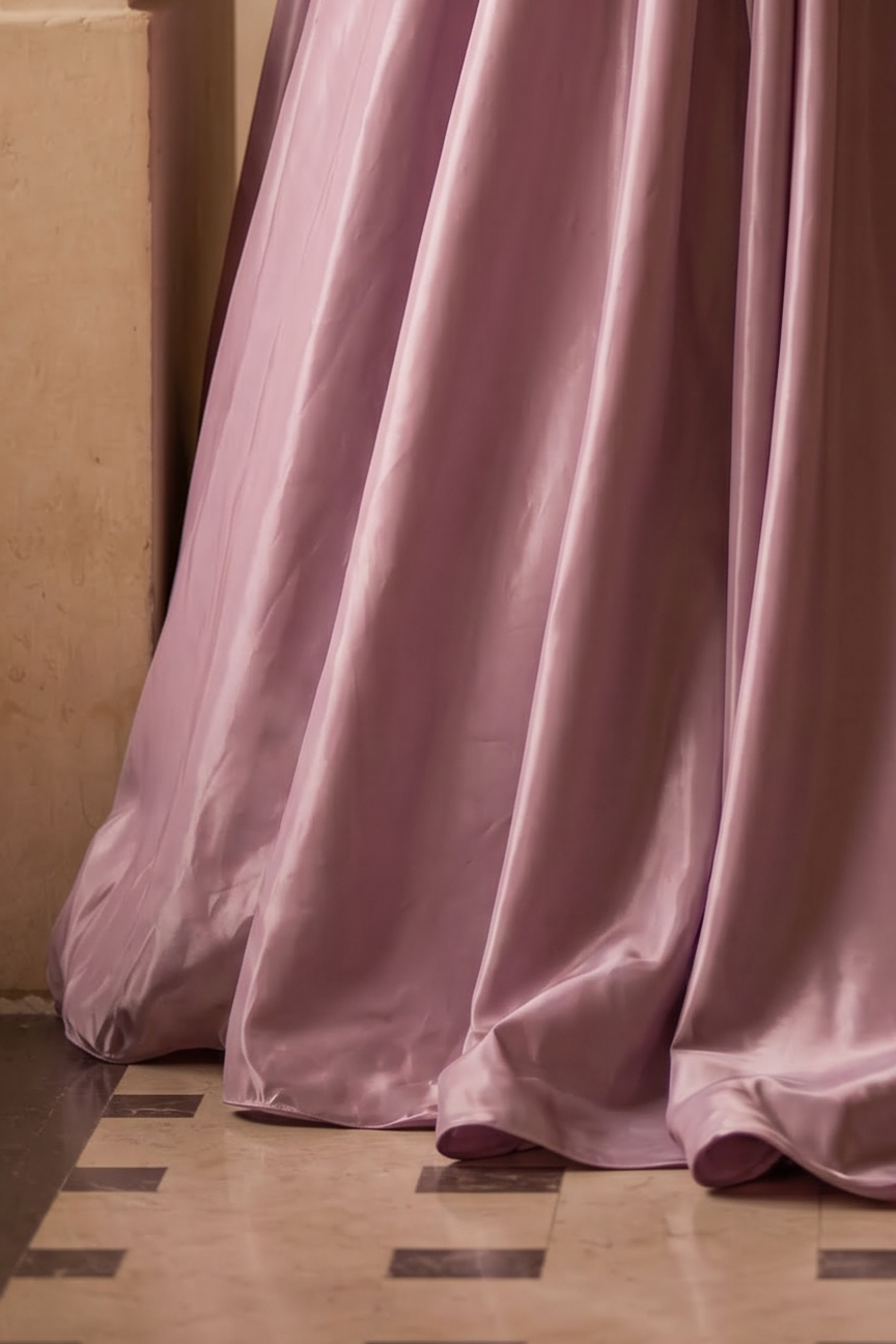 Blush Pink Satin Evening Gown with Leaf Appliqué – Off-Shoulder Evening Dress with Corset Back Plus Size