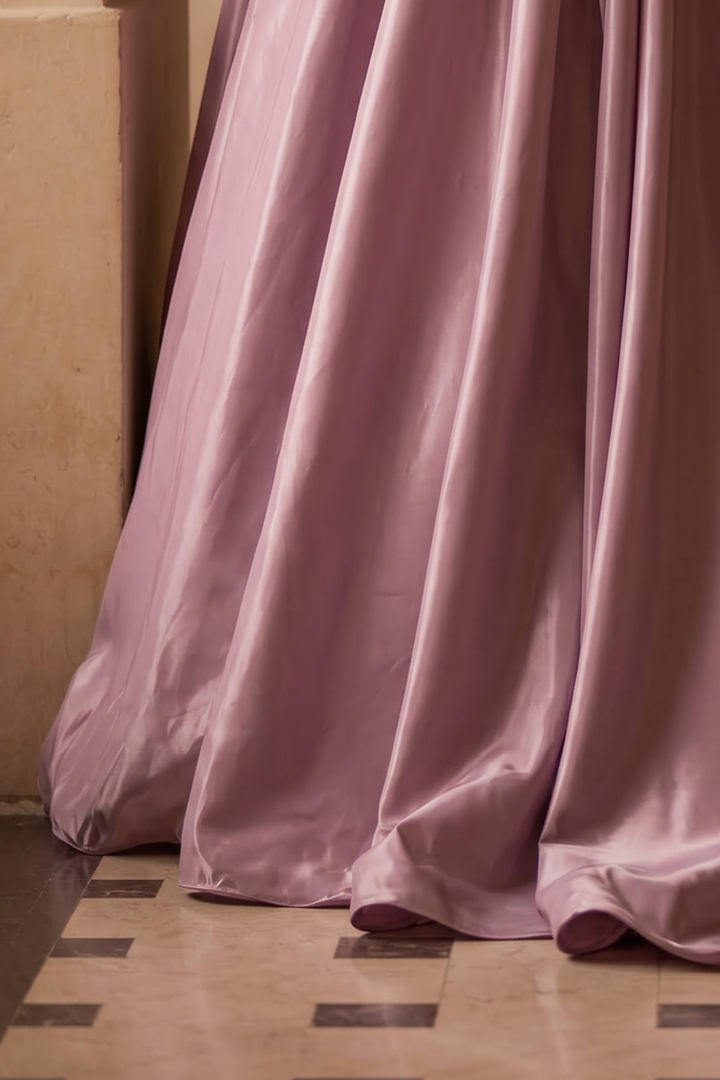 Blush Pink Satin Evening Gown with Leaf Appliqué – Off-Shoulder Evening Dress with Corset Back Plus Size
