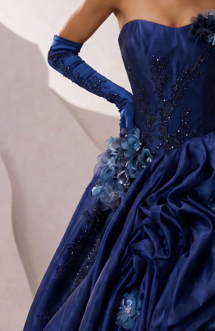 Gothic Navy Blue Floral Evening Dress with Floral Embellishment – Elegant Strapless Evening Dress with Corset Back Plus Size