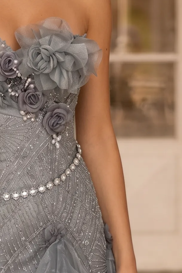 Gray Layered Tulle Ruffle Dress with Floral Appliqué – One Shoulder Evening Dress with Lace-Up Back Plus Size