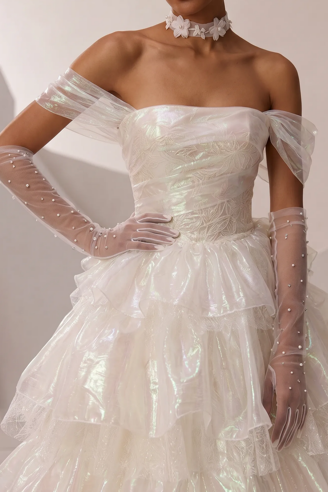 Layered Tulle Ruffle Dress with Off Shoulder Sleeves – White Ball Gown with Corset Back Plus Size