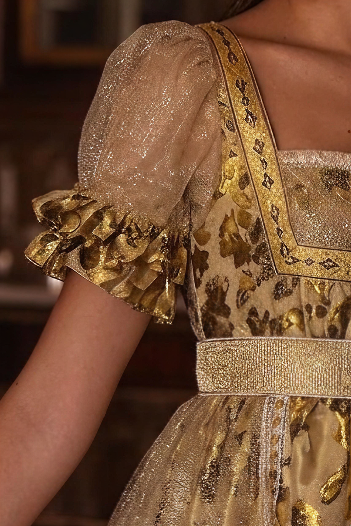 Bridgerton Inspired Gold Printed Regency Era Ball Gown -  Regency Era prom dress costume Custom Made  - plus size