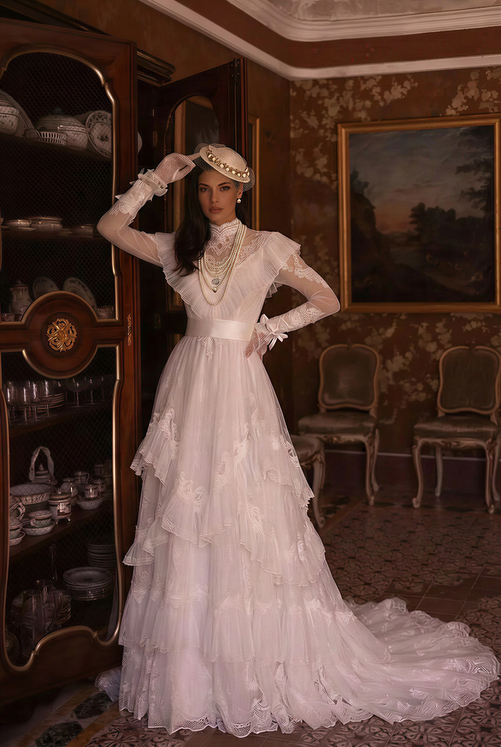 White Modest Lace Wedding Dress  - Vintage Victorian Wedding Dress - Gunne Sax Inspired