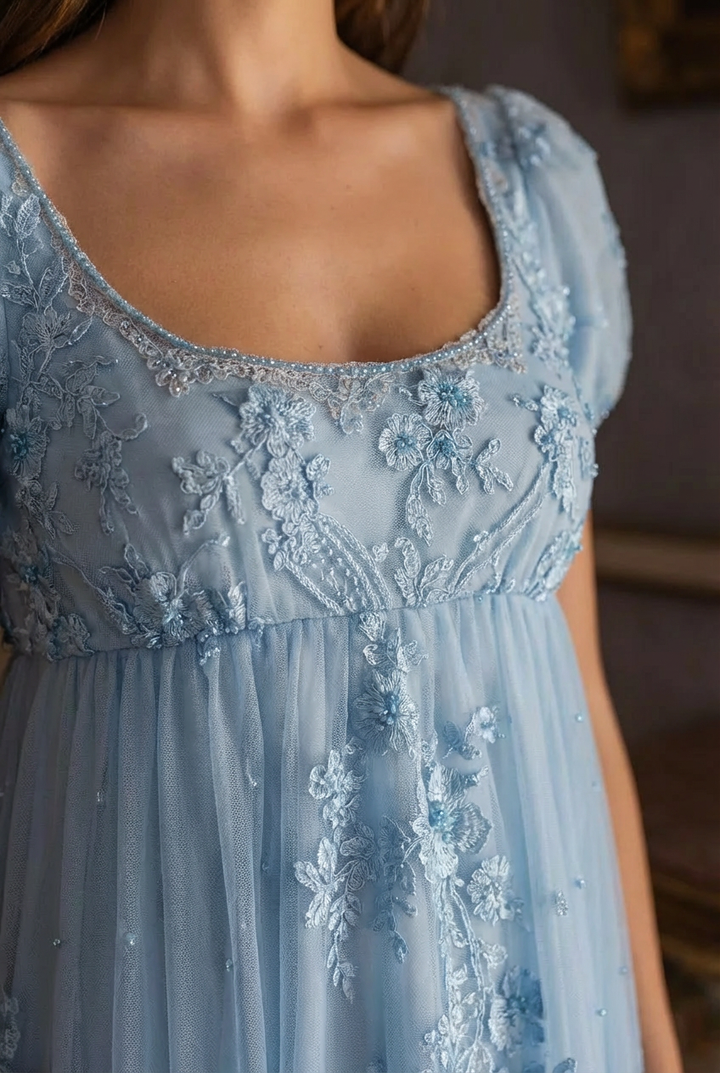 Bridgerton Daphne Blue Pink Lilac Lace Dress With Beading- Regency Era Blue Lace Dress Plus Size