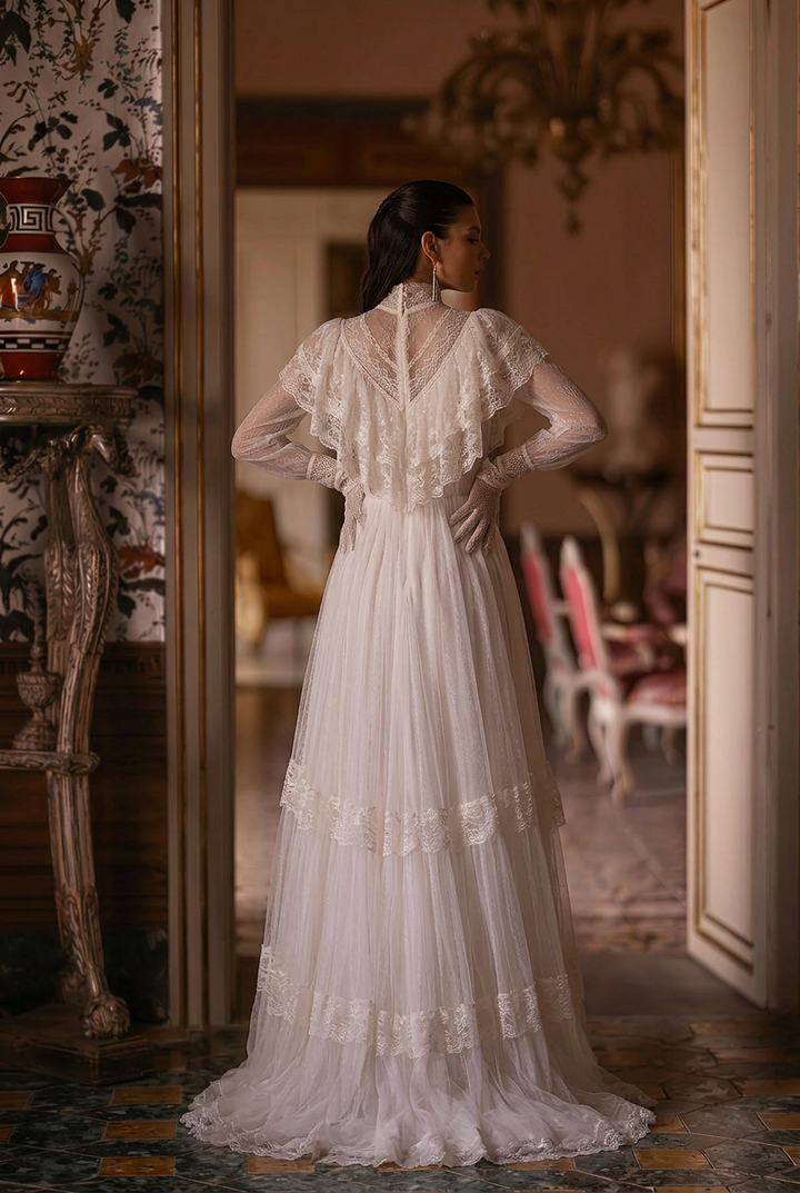 Modest Lace Wedding Dress - Long Sleeve Victorian Bridal Dress -  Gunne Sax Inspired Plus Size