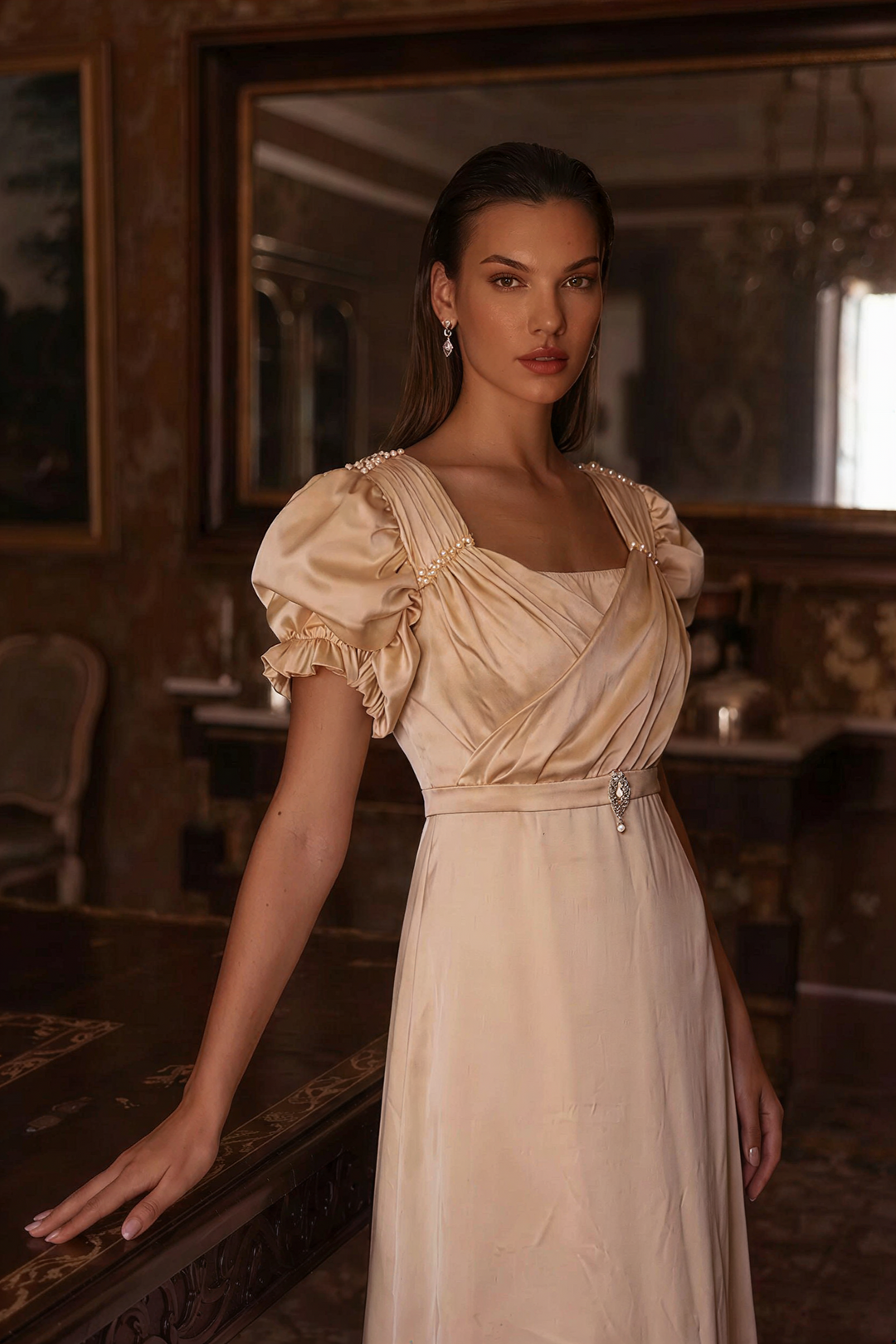 Champagne Regency Era Dress with Elegant Embroidery - Custom Regency Dress with Puff Sleeves and Draped Sash Plus Size