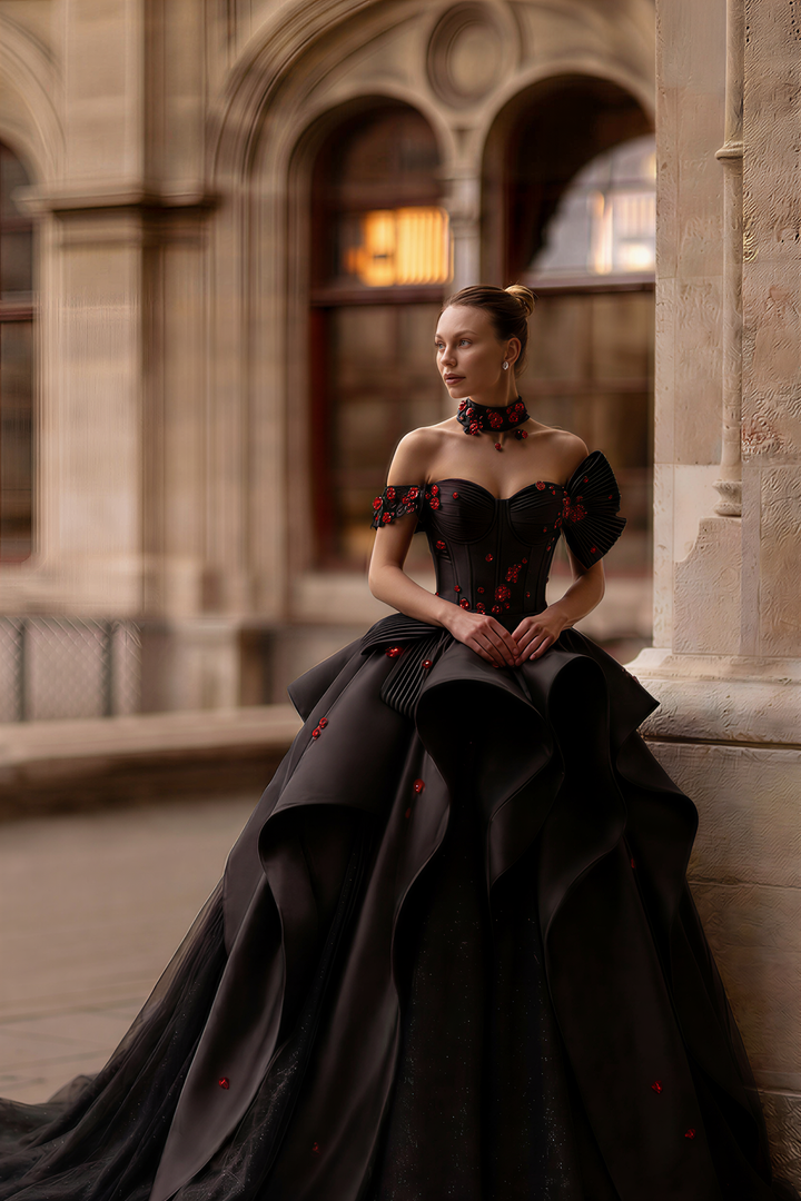 Regal Gothic Black Wedding Dress Ball Gown with Off-Shoulder Black and Red Floral Accents Plus Size