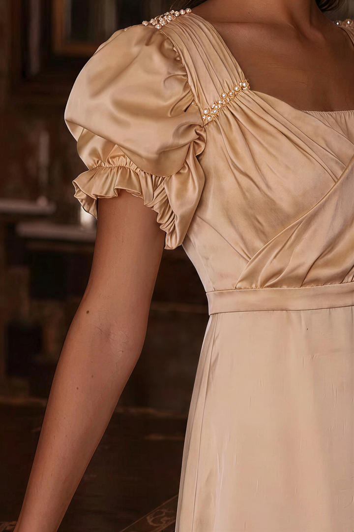 Champagne Regency Era Dress with Elegant Embroidery - Custom Regency Dress with Puff Sleeves and Draped Sash Plus Size