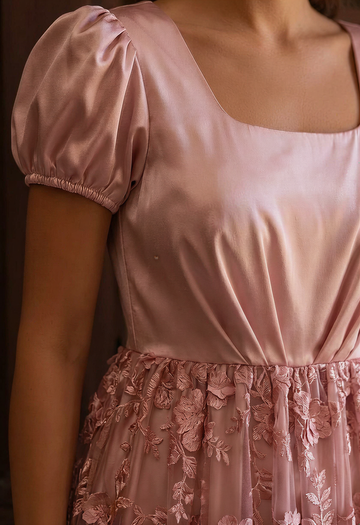 Dusty Pink Regency Era Dress with Pink Floral Lace Overlay - Pink Regency Gown with Puff Sleeves and Tulle Plus Size