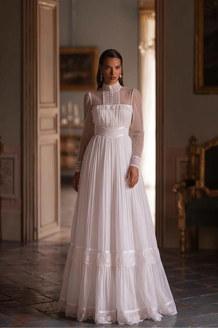 Gunne Sax Inspired White Lace Victorian Modest Wedding Dress 1980s- Long Sleeve