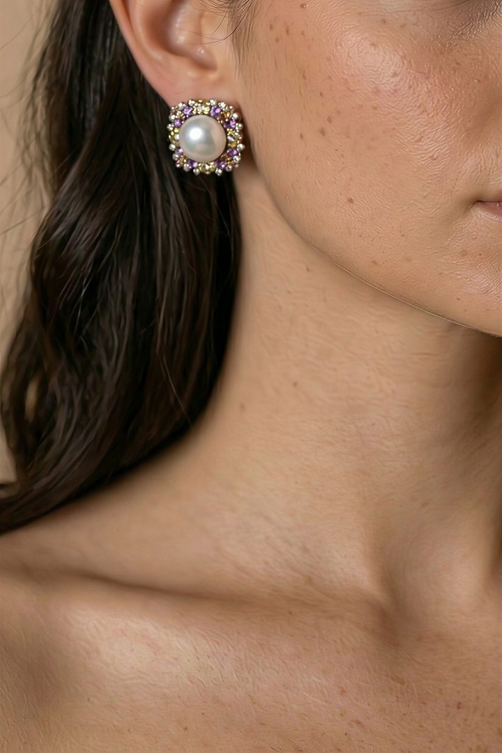 Vintage Inspired Fresh Water Pearl Earrings With Purple Crystal - 12mm Pearl