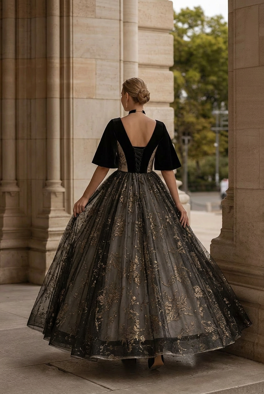 Velet Black Ball Gown Wedding Dress in V neck with Plus Size Size 8 / Black / No Choker