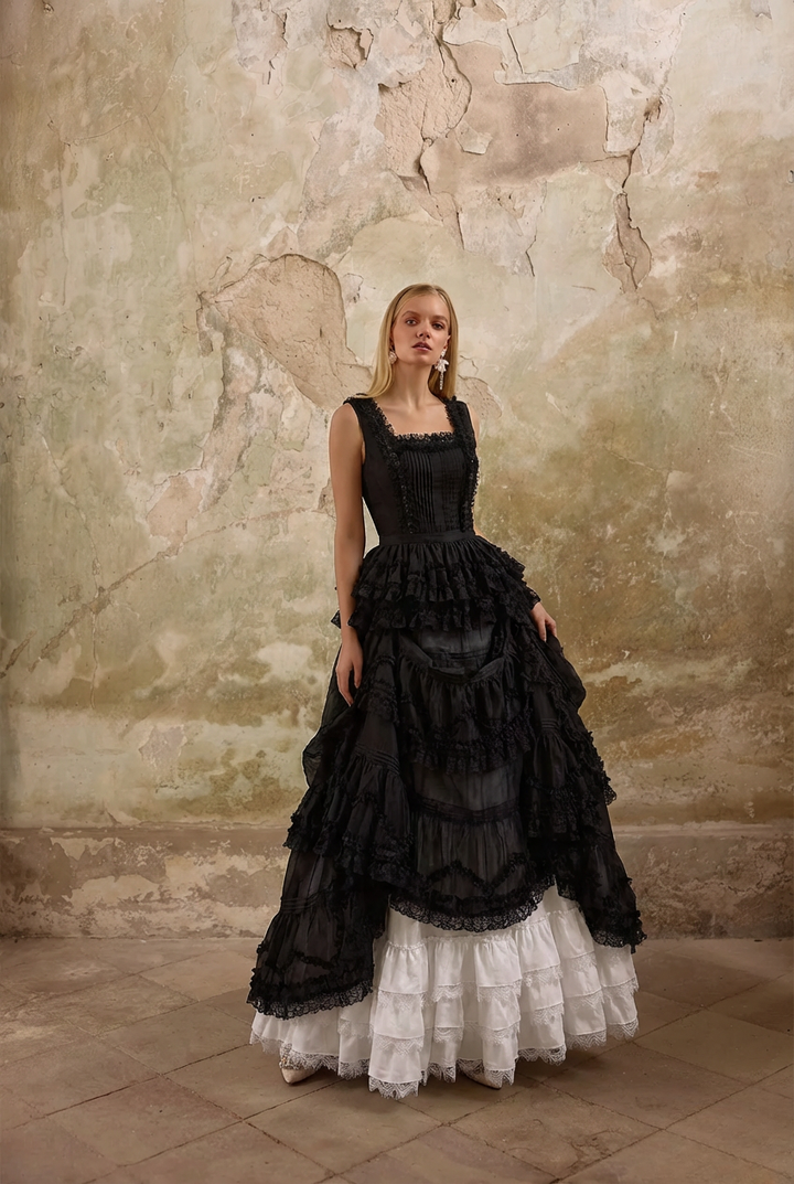 Victorian-Inspired Black and White Gothic Lolita Ball Gown with Tiered Ruffles – Tencel Organza Dress with Lace Trim Plus Size