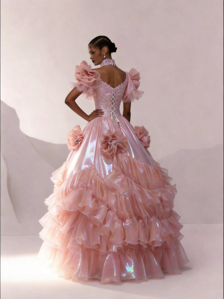 Pink Satin Vintage Antique A-line Ball Gown Wedding Dress with Ruffled Embroidery - Plus Size