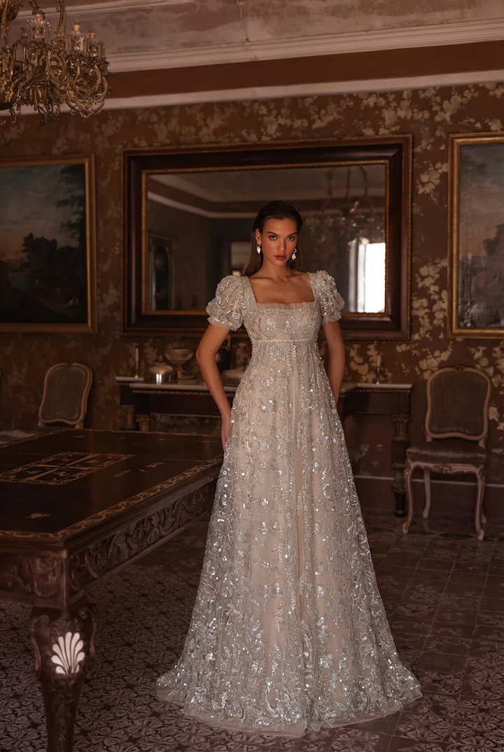 Regency Era Champagne Empire Waist Dress – Sequin Embellished Puff Sleeve Gown Plus Size