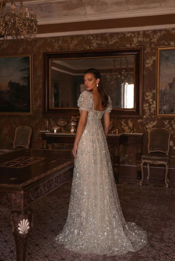 Regency Era Champagne Empire Waist Dress – Sequin Embellished Puff Sleeve Gown Plus Size