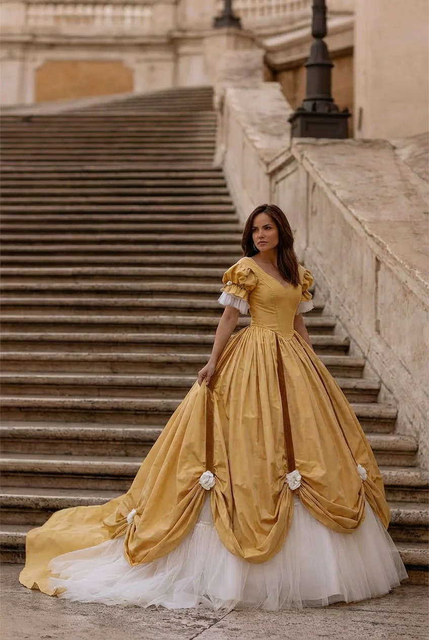 Marie Antoinette Yellow Ball Gown with Bow - Rococo Style Dress with Lace and Floral Accents Plus Size