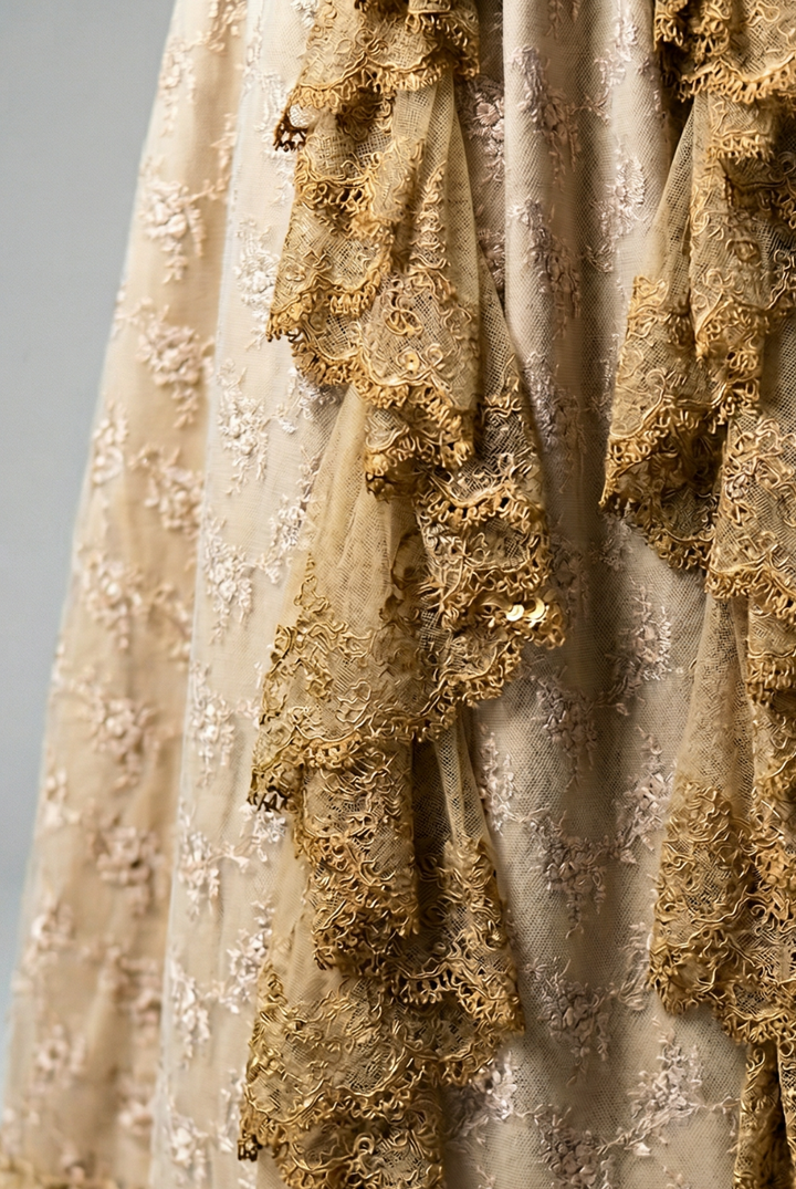 Luxury Empire Waist Gold Ball Gown Regency Era dress with Lace Rose Embroidery - Jane Austin Plus Size