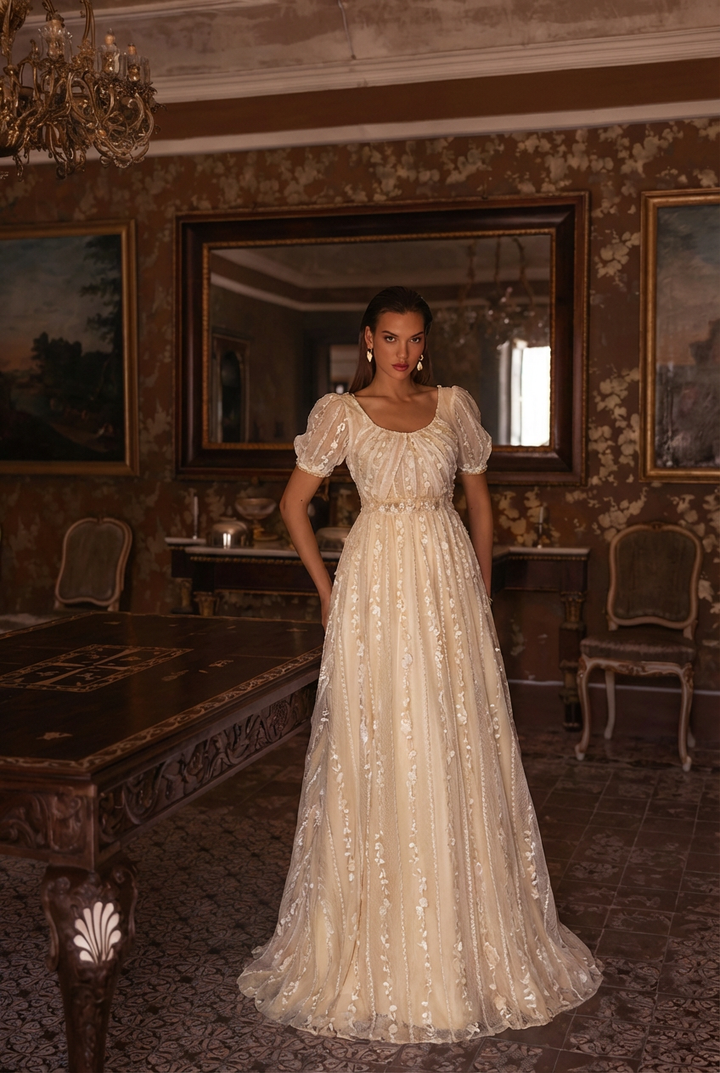 Shop now the best and perfect regency era wedding dress Size 2 / Champagne / Without Shawl