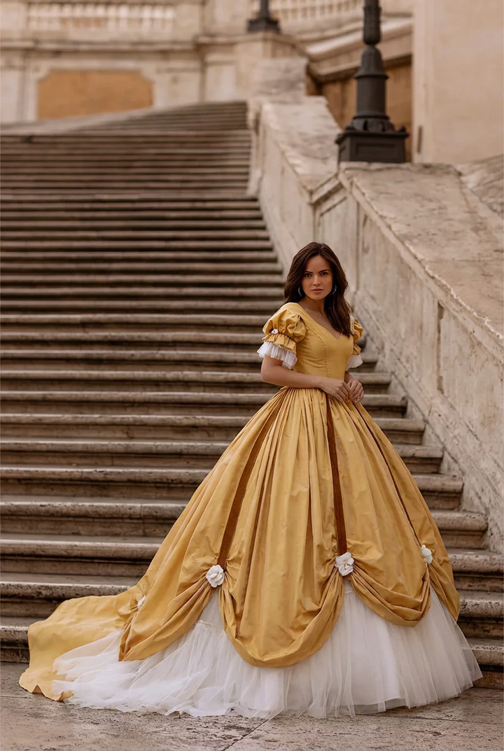 Marie Antoinette Yellow Ball Gown with Bow - Rococo Style Dress with Lace and Floral Accents Plus Size