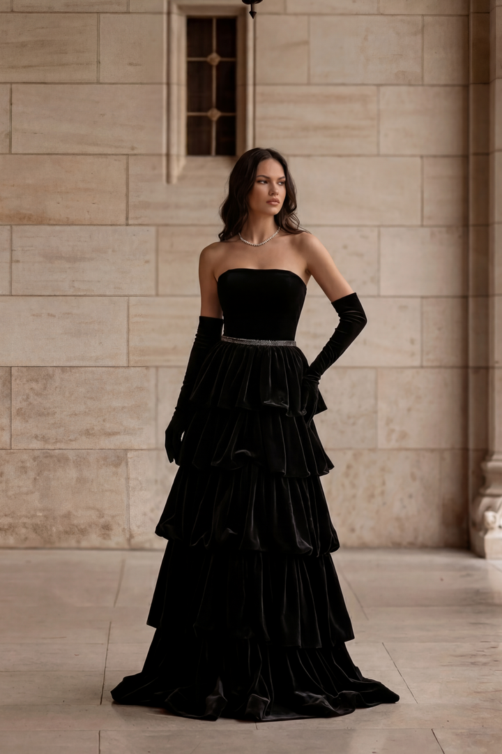 Gothic Black Strapless Tiered Velvet Ball Gown Evening Dress with Long Train - Plus Size