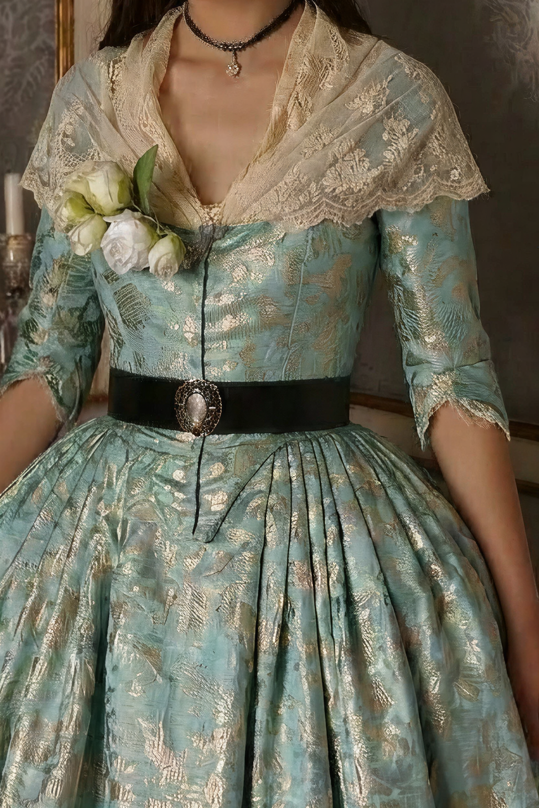 REGENCY ERA TEAL JACQUARD CORSET DRESS WITH LACE LONG SLEEVE - 1800S REGENCY BALL GOWN- PLUS SIZE