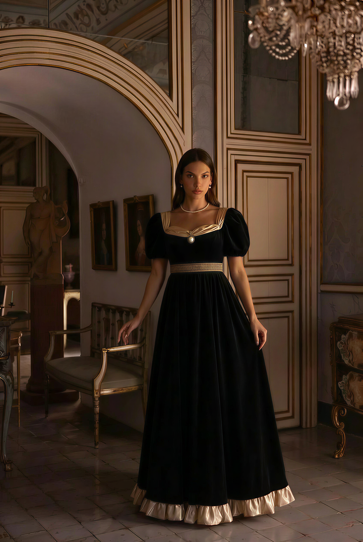 Bridgerton Inspired Black Velvet Regency Era Ball Gown - Black Dress Plus Size