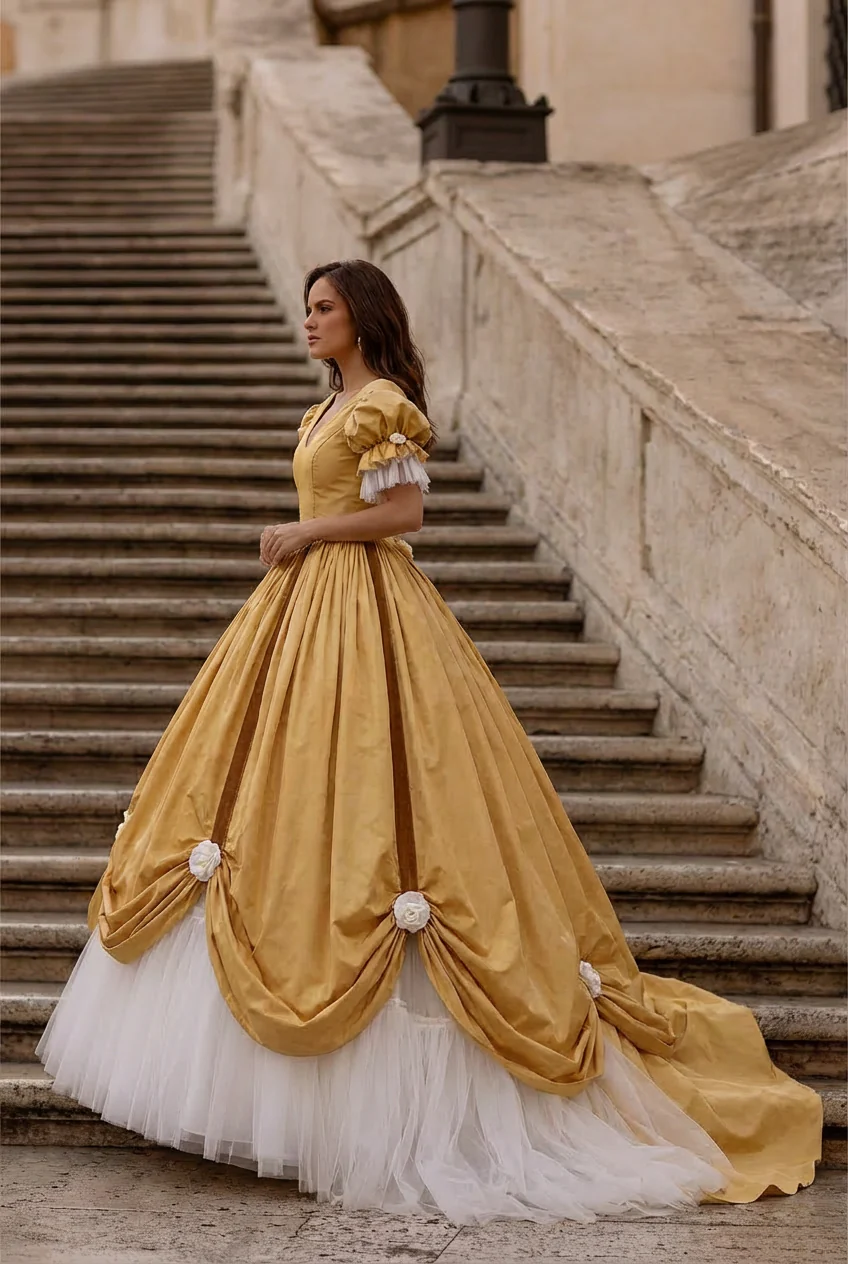Marie Antoinette Yellow Ball Gown with Bow - Rococo Style Dress with Lace and Floral Accents Plus Size