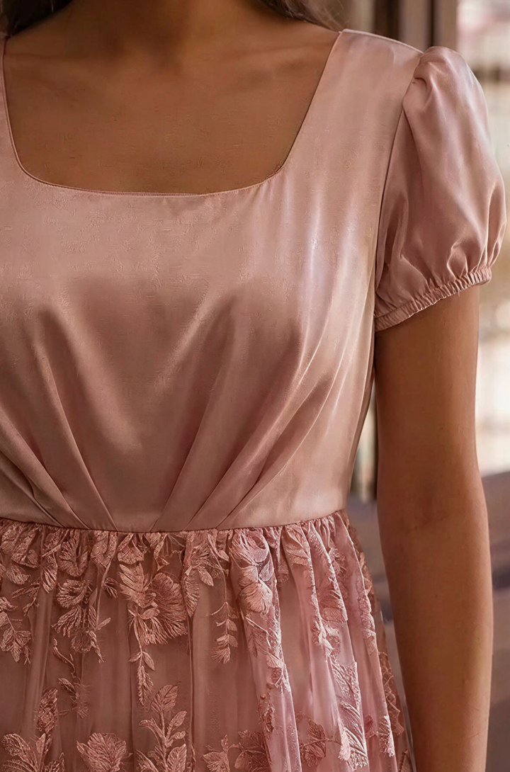 Dusty Pink Regency Era Dress with Pink Floral Lace Overlay - Pink Regency Gown with Puff Sleeves and Tulle Plus Size