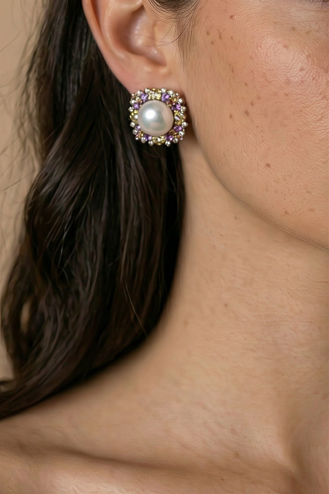 Vintage Inspired Fresh Water Pearl Earrings With Purple Crystal - 12mm Pearl