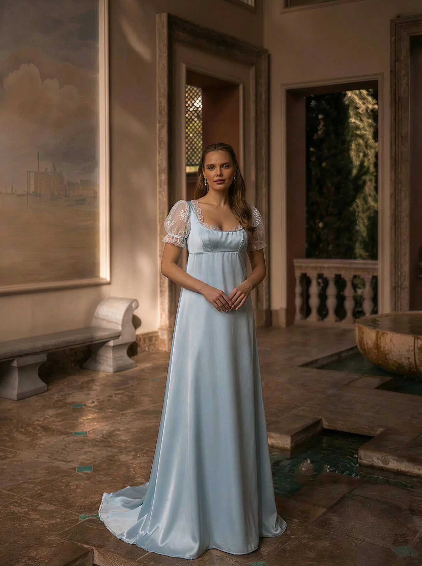 Bridgerton Daphne Blue Satin Dress With Lace