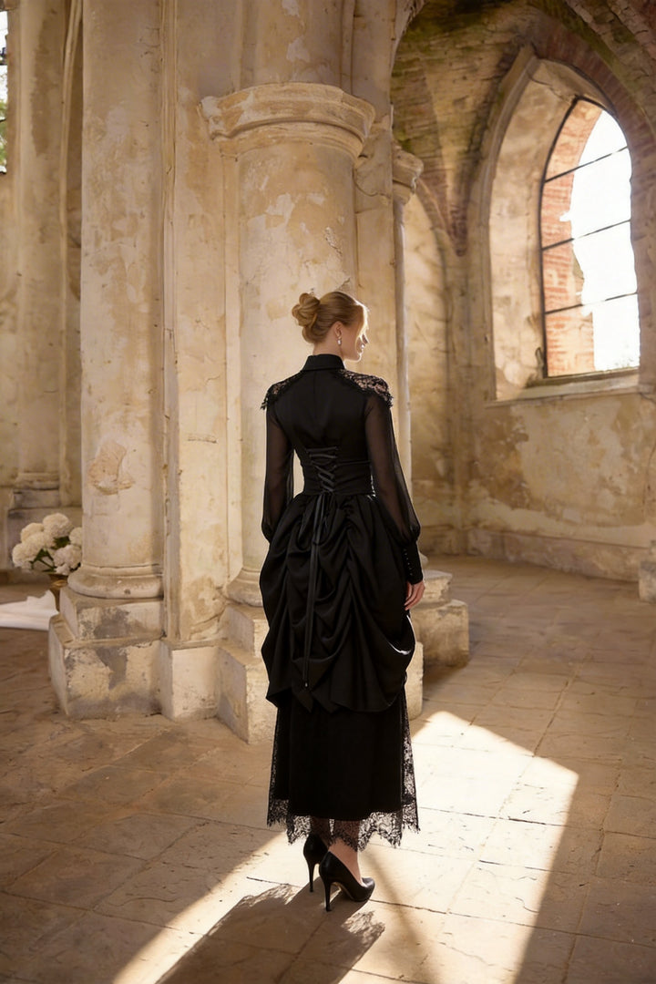 Black Gothic Lolita Prom Dress with Corset - Victorian-Inspired Ball Gown with Layered Lace and Ruffles Plus Size
