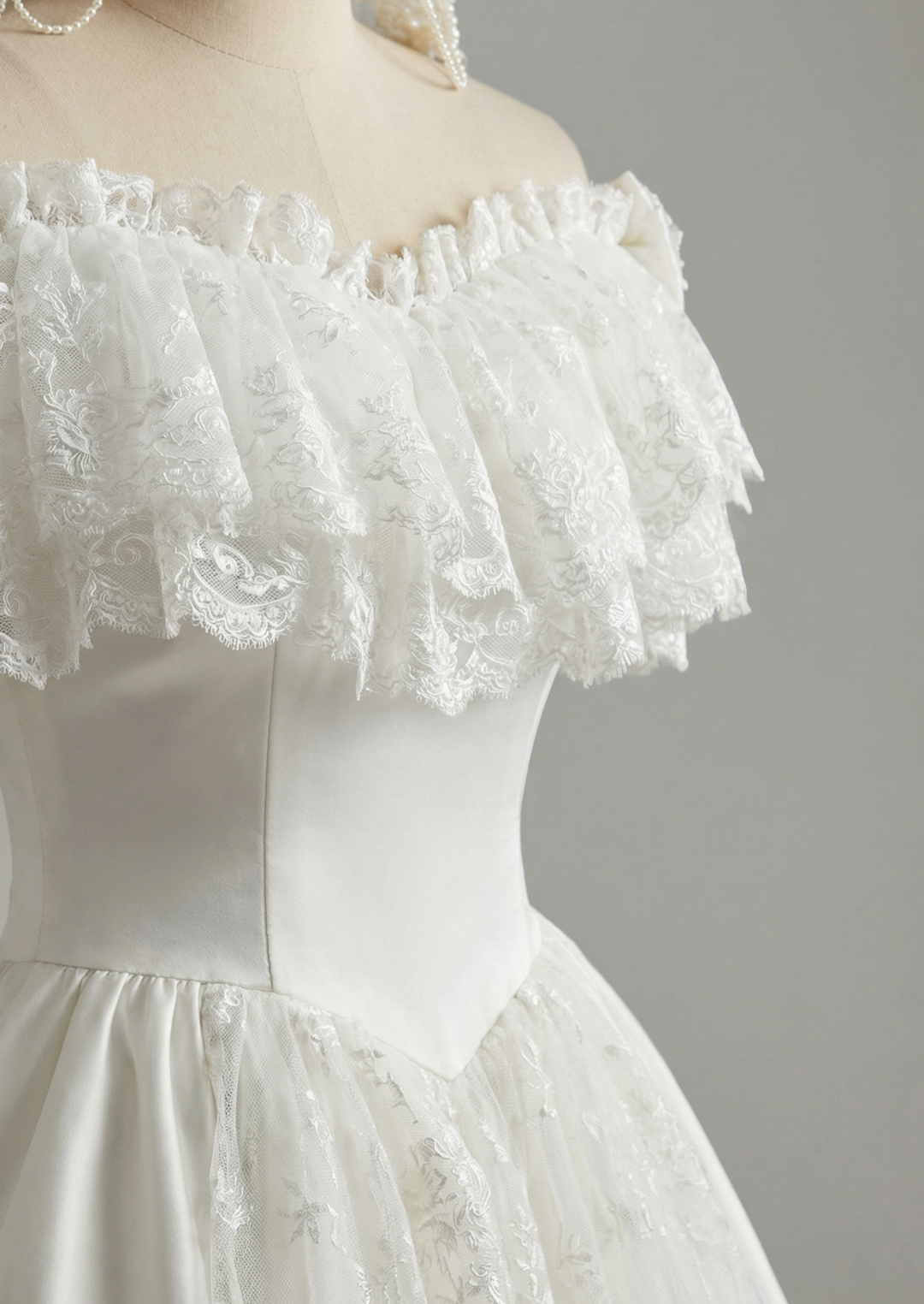 victorian off shoulder dress Antique Victorian Vintage Ivory White Lace Off-Shoulder Ball Gown Wedding Dress with Tiered Skirt