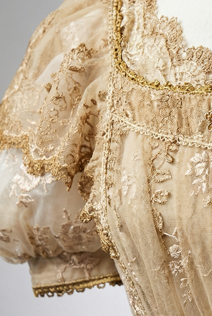 Luxury Empire Waist Gold Ball Gown Regency Era dress with Lace Rose Embroidery - Jane Austin Plus Size
