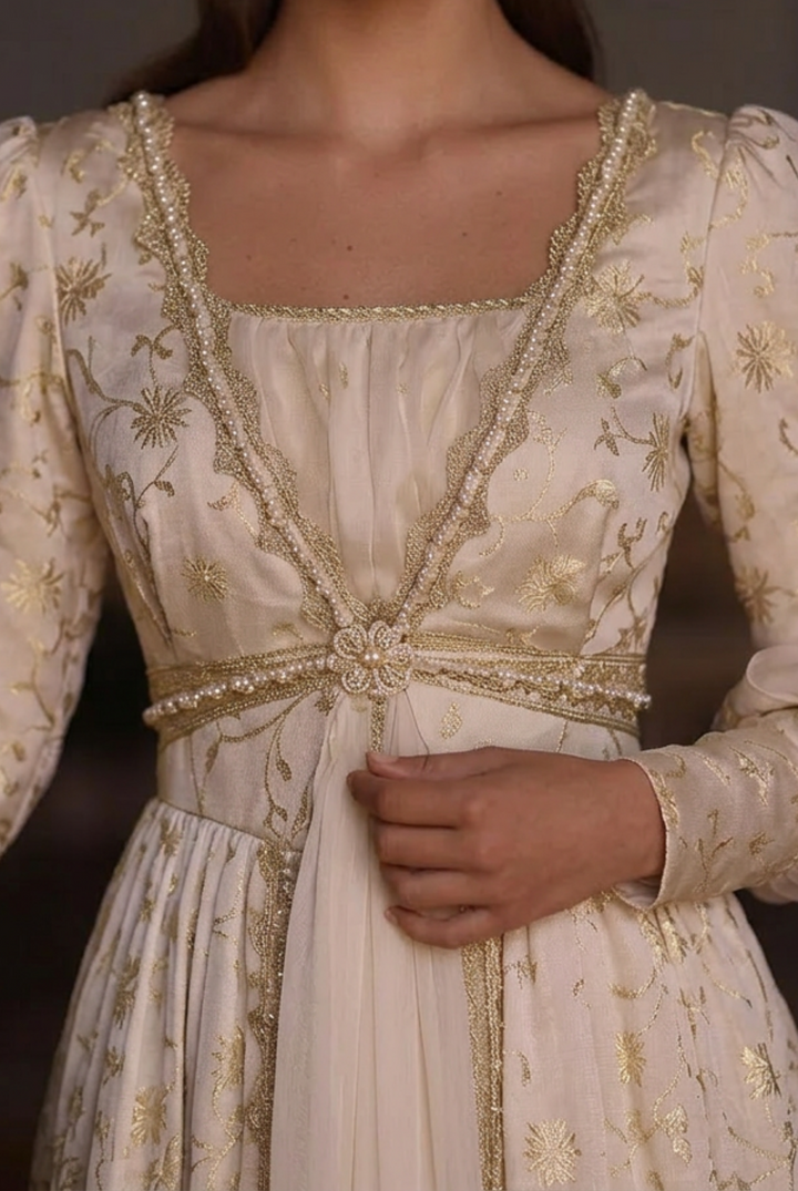 Regency Era Champagne Gold Embroidered Empire Waist Gown – Bridgerton Inspired Long Sleeve Vintage Dress Plus Size