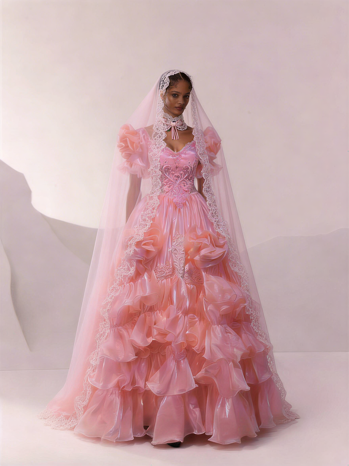 Pink Satin Vintage Antique A-line Ball Gown Wedding Dress with Ruffled Embroidery - Plus Size