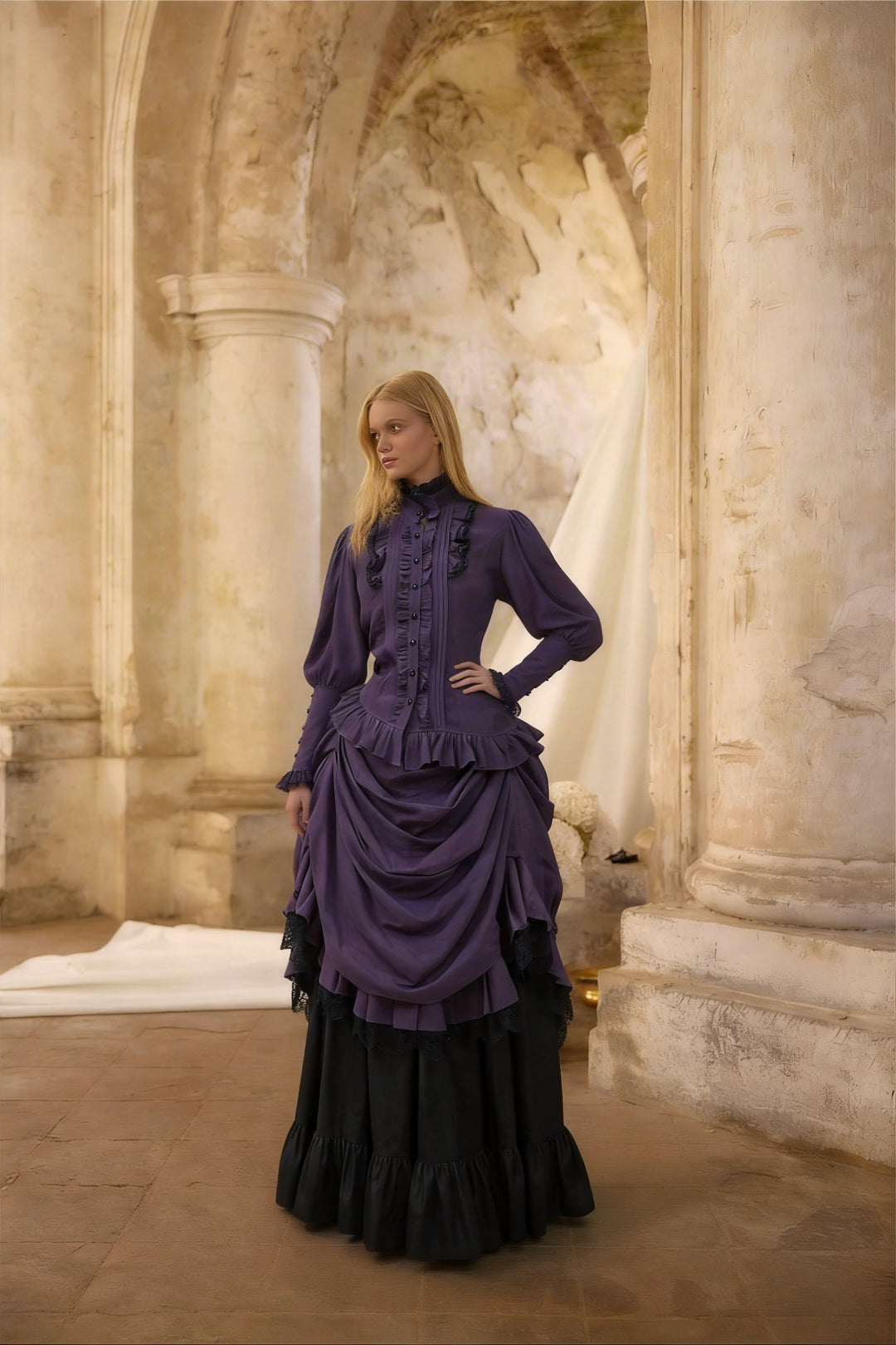 dark purple victorian dress Victorian-Inspired Gothic Purple and Black Lace Ball Gown with Corset Bodice Layered Satin Evening Dress Plus Size