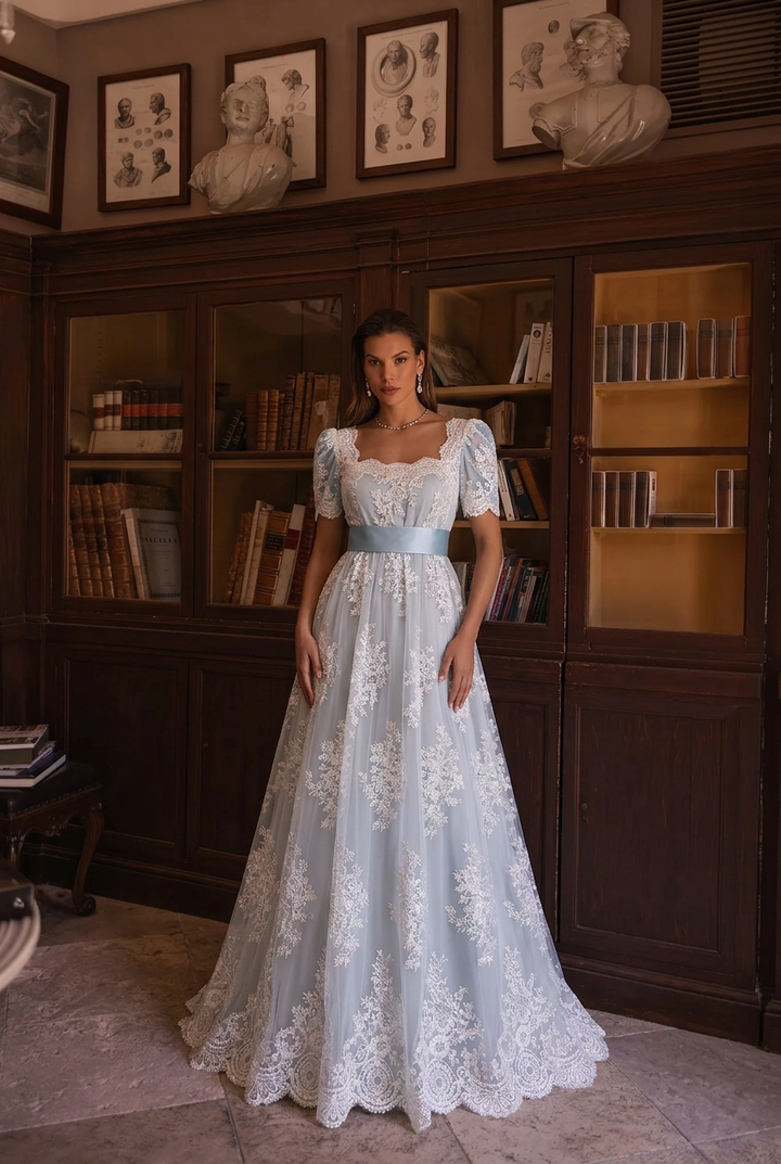 Bridgerton Daphne Empire Waist Blue Dress With Lace- Regency Era Ball Gown Plus Size