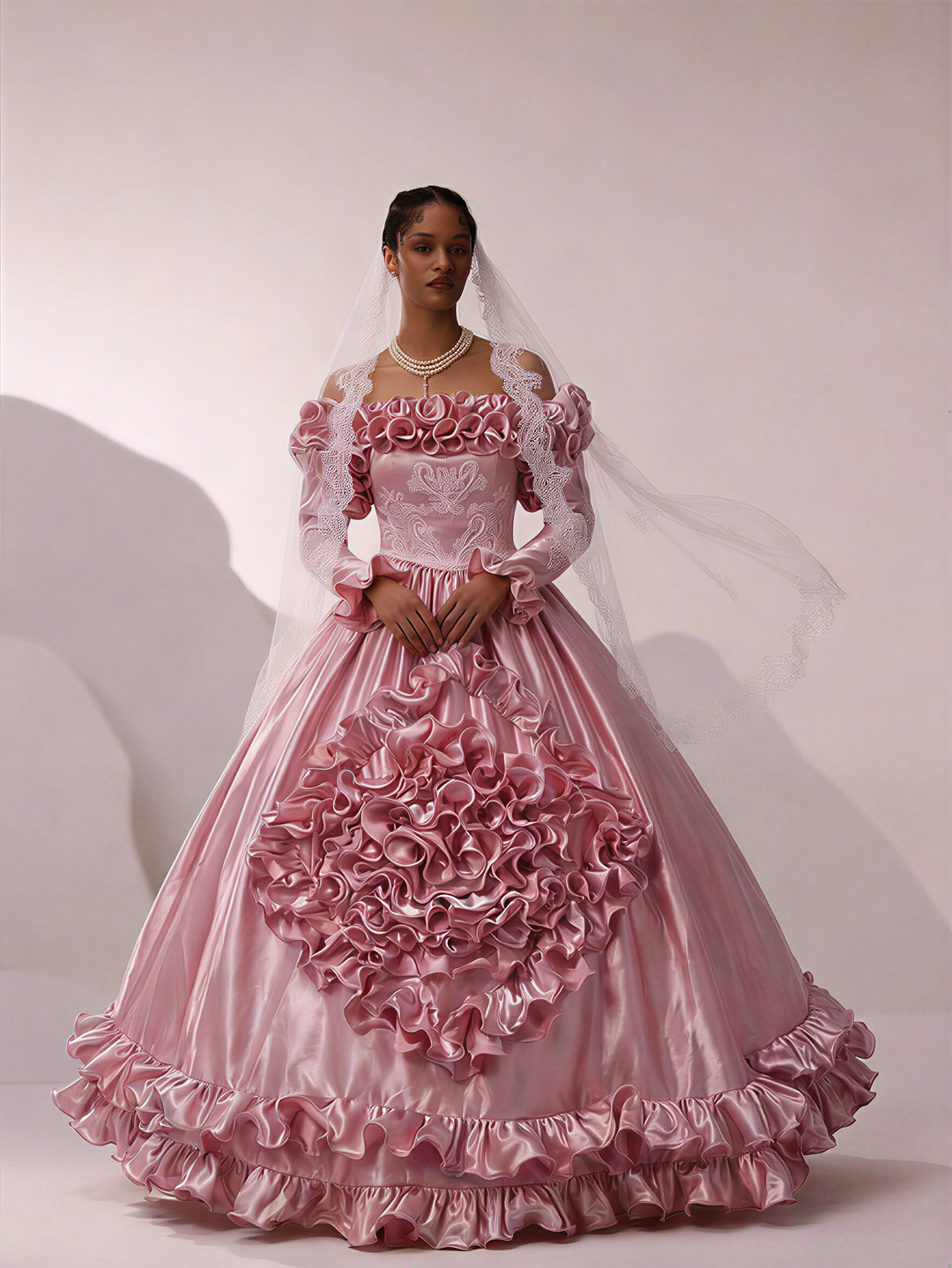 Pink Satin Vintage Antique A-line Ball Gown Wedding Dress with Long Sl WonderlandByLilian Pink Satin Vintage Antique A-line Ball Gown Wedding Dress with Long Sl WonderlandByLilian