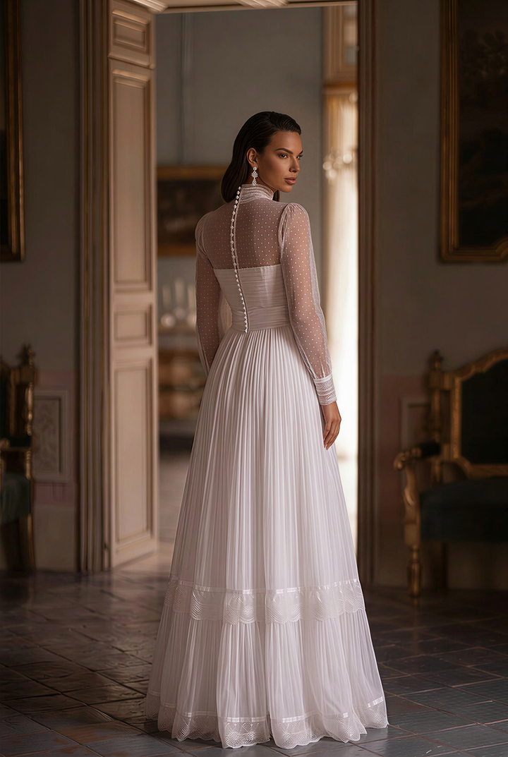 Gunne Sax Inspired White Lace Victorian Modest Wedding Dress 1980s- Long Sleeve