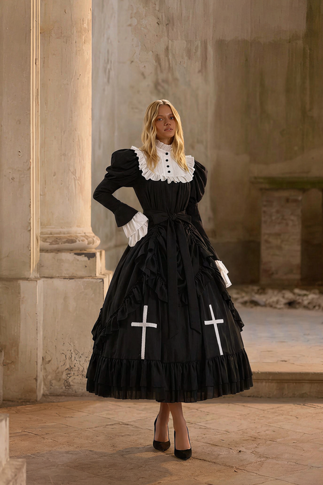 Victorian-Inspired Black and White Gothic Ball Gown with Cross Embroidery Edwardian High Neck Lolita Dress Plus Size Size 0 / Black Victorian-Inspired Black and White Gothic Ball Gown with Cross Embroidery Edwardian High Neck Lolita Dress Plus Size Size 0 / Black